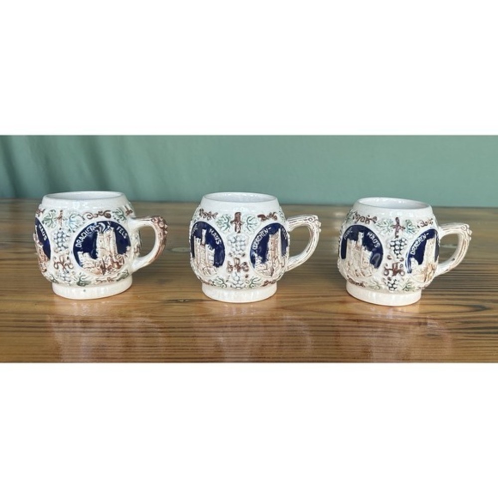 3-PC Vintage Gerz Cider Cup Mugs Germany Stoneware Ceramic‎ 3-D Castle Ruins